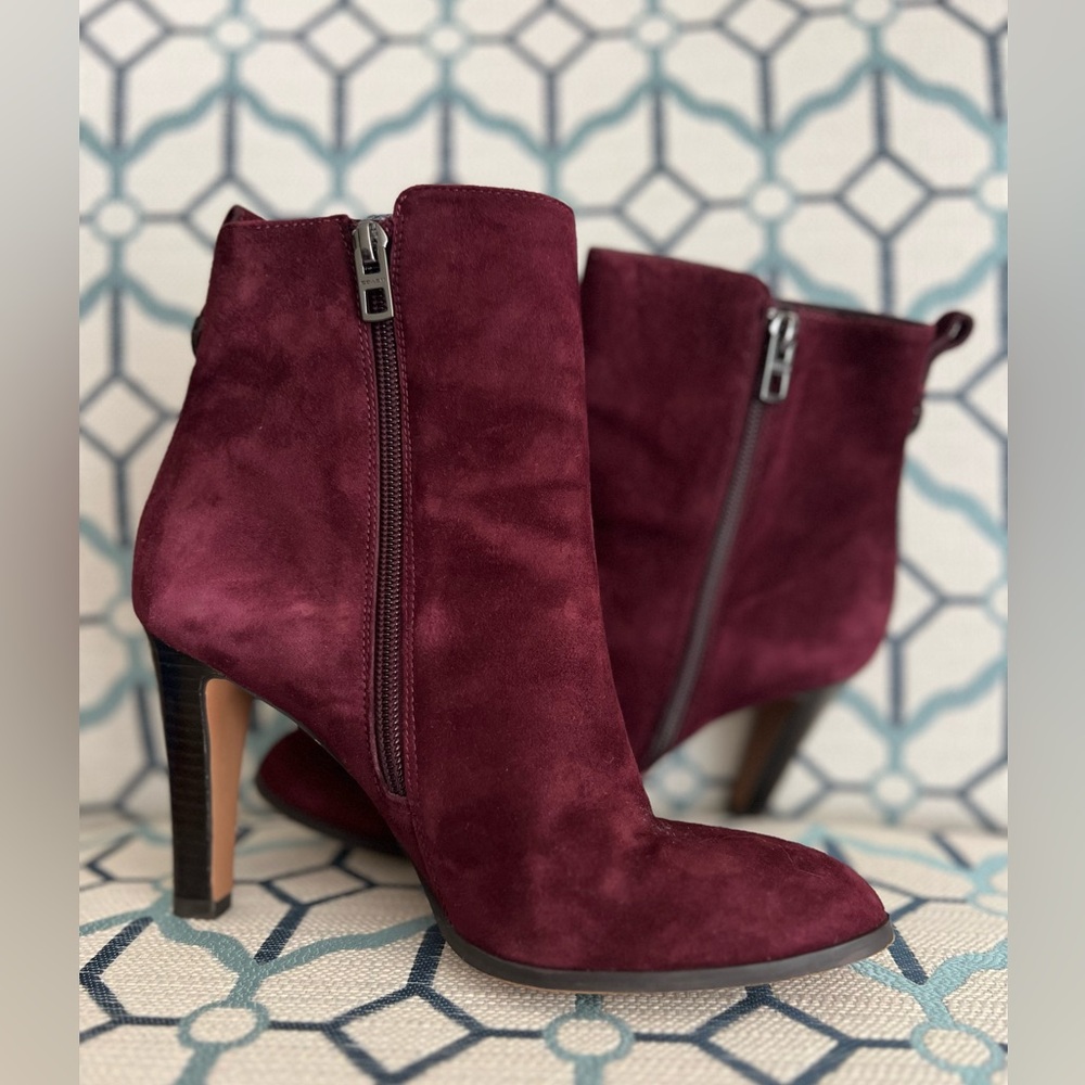 Coach Jemma Ankle Boot Ox Blood Suede Bootie Stacked Heel Side Zip Size 8.5
